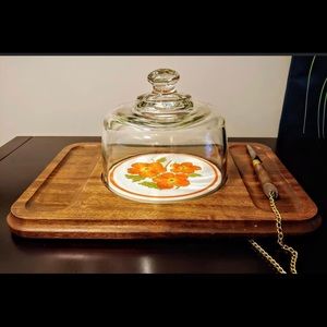 Mid century cheeseboard w glass dome & knife